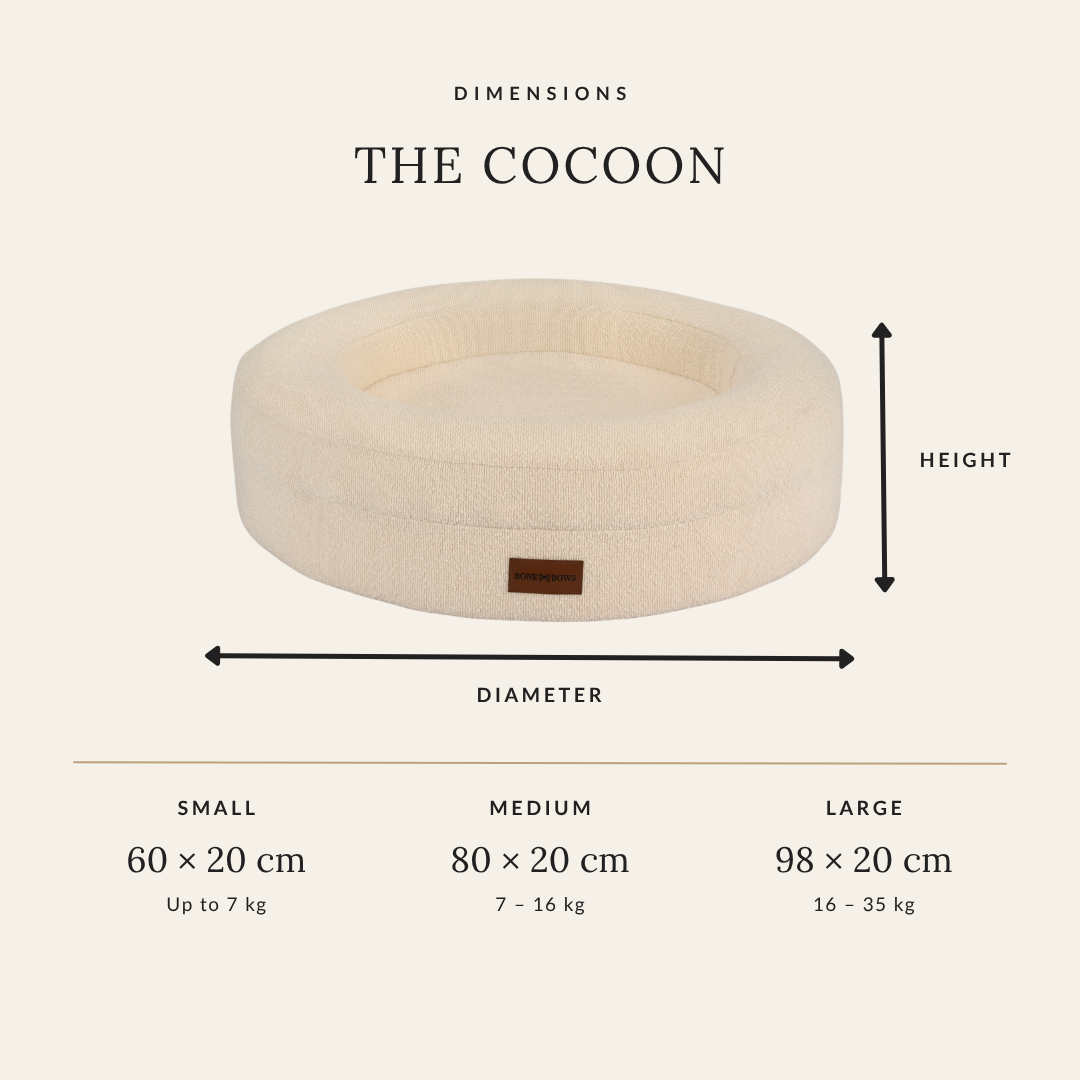 The Cocoon dimensions: Small 60 × 20 cm, Medium 80 × 20 cm, Large 98 × 20 cm (diameter × height)