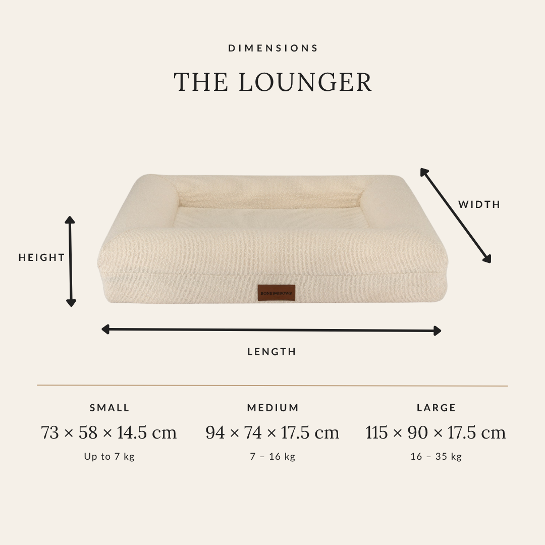 The Lounger dimensions — Small 73 by 58 by 14.5 cm, Medium 94 by 74 by 17.5 cm, Large 115 by 90 by 17.5 cm